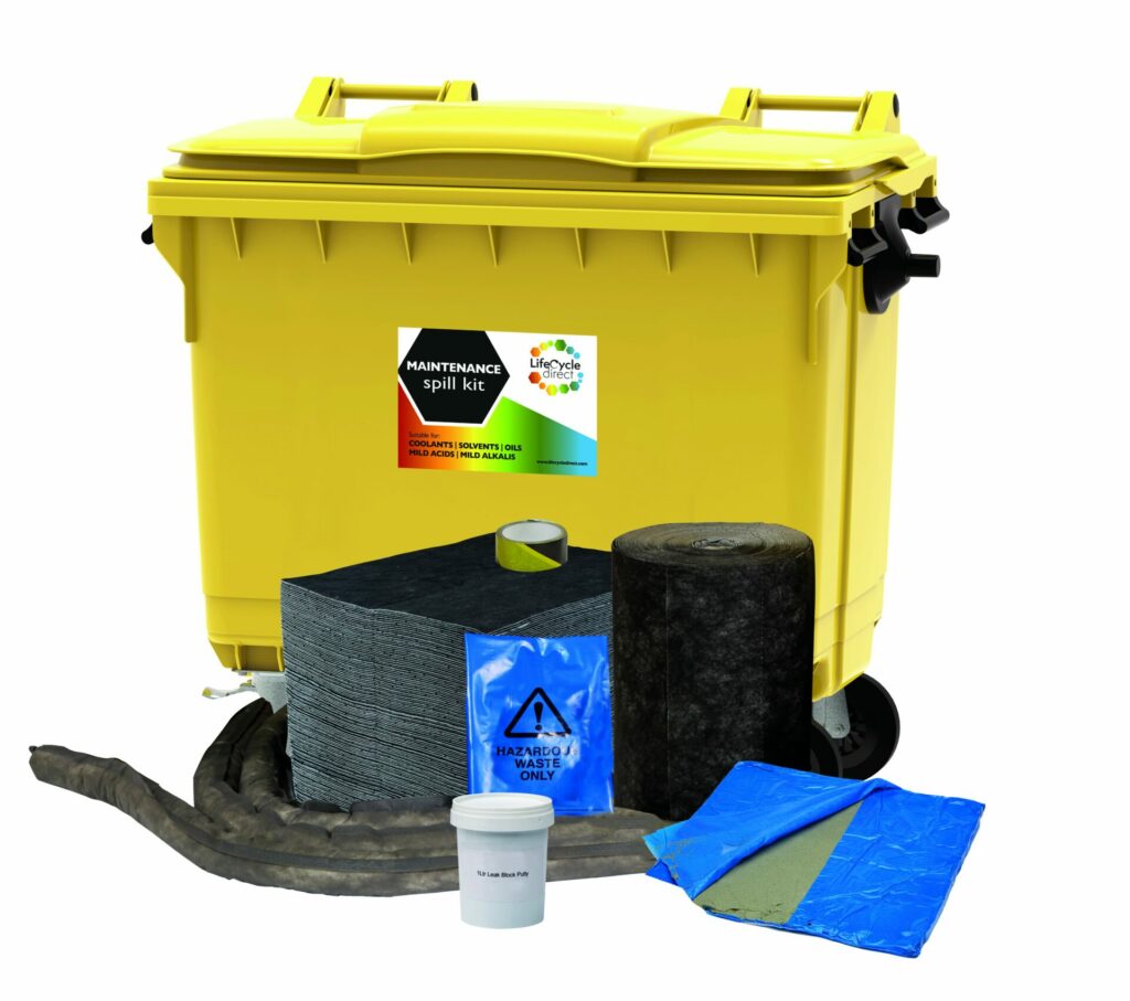 600L Maintenance Absorbent Spill Kit 4 Wheeled Bin Drain Cover & Putty